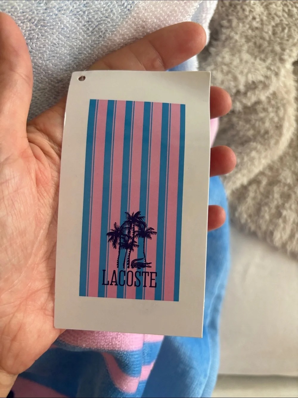 Lacoste Blue and Pink Striped Palm Tree Beach Towel NWT size 36 x 72